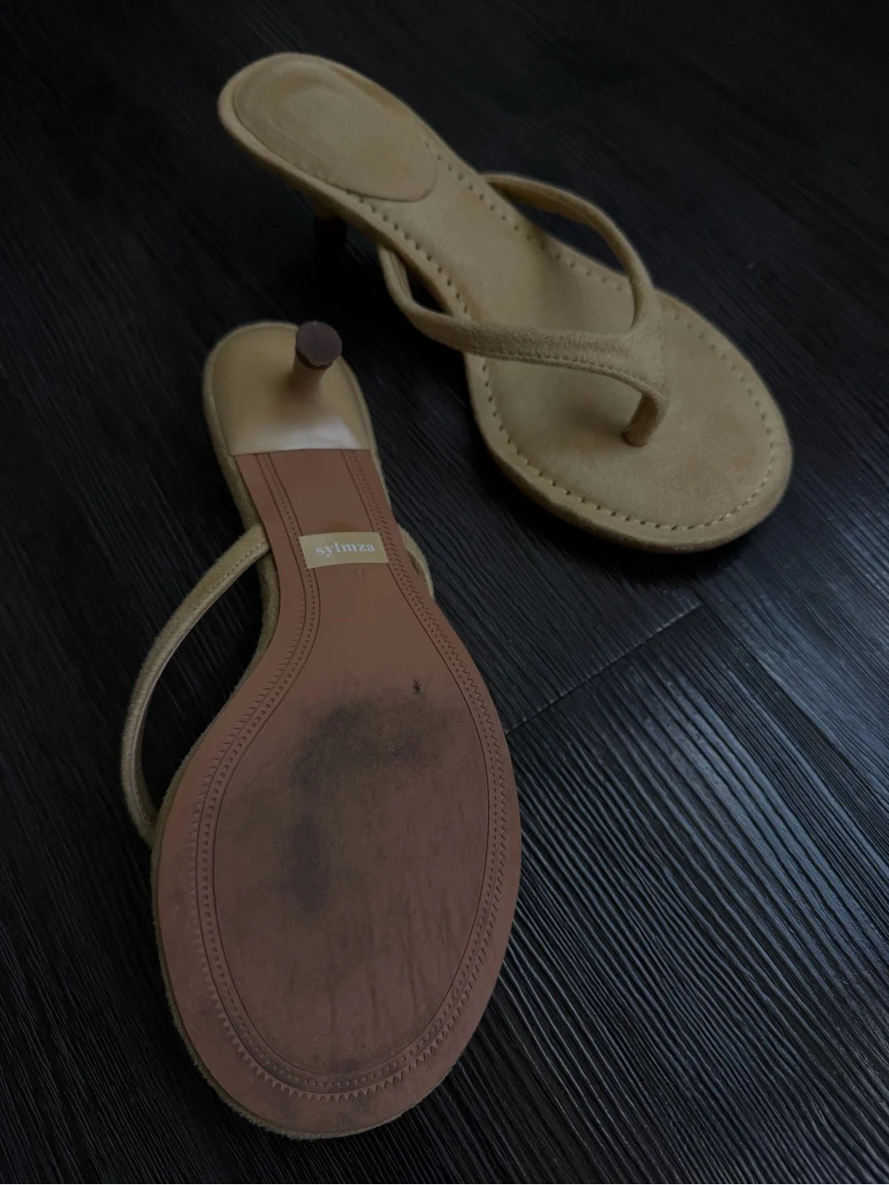 Beige Suede Thong Heels - Women